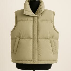 Elodie Beige Puffer Vest Women’s Size S High Collar Snap Front Quilted Warm